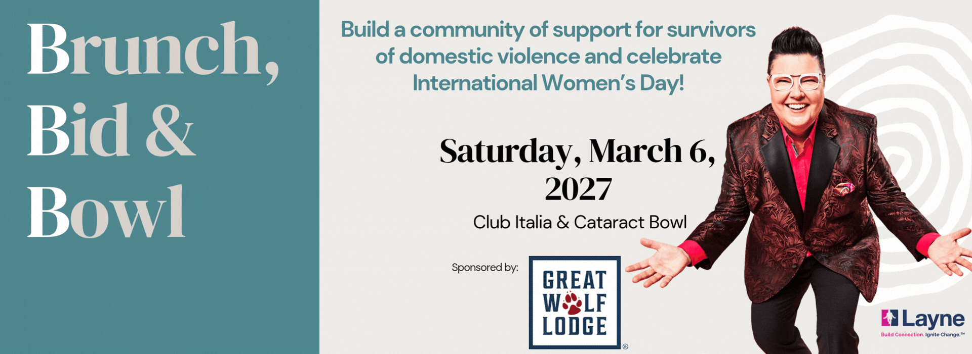 Animated banner for Birchway Niagara’s Brunch, Bid & Bowl fundraising event. Text reads: ‘Build a community of support for survivors of domestic violence and celebrate International Women’s Day! Saturday, March 6, 2027, Club Italia & Cataract Bowl. Sponsored by Great Wolf Lodge.’ The left side shows the event title ‘Brunch, Bid & Bowl’ on a teal background. The right side features a smiling person in a red patterned jacket and glasses with open arms.